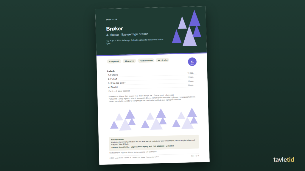 Brøker 4. klasse – ligeværdige brøker – forsiden af hæftet (PDF, 10 sider)