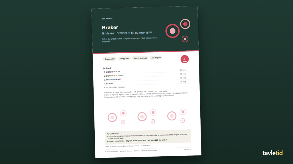Brøker 5. klasse – brøkdel af tal og mængder – forsiden af hæftet (PDF, 10 sider)