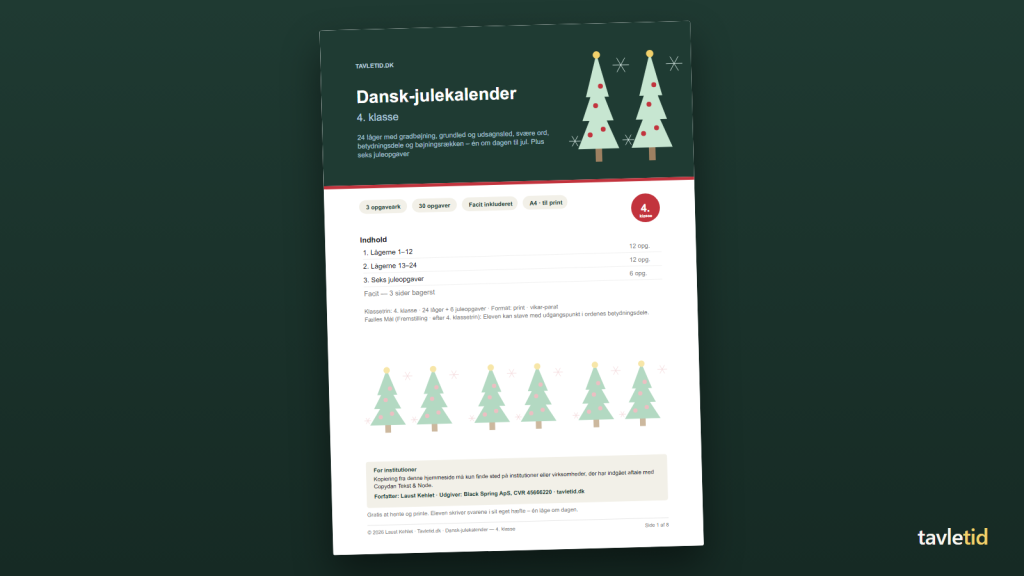 Dansk-julekalender 4. klasse – forsiden af hæftet (PDF, 8 sider)