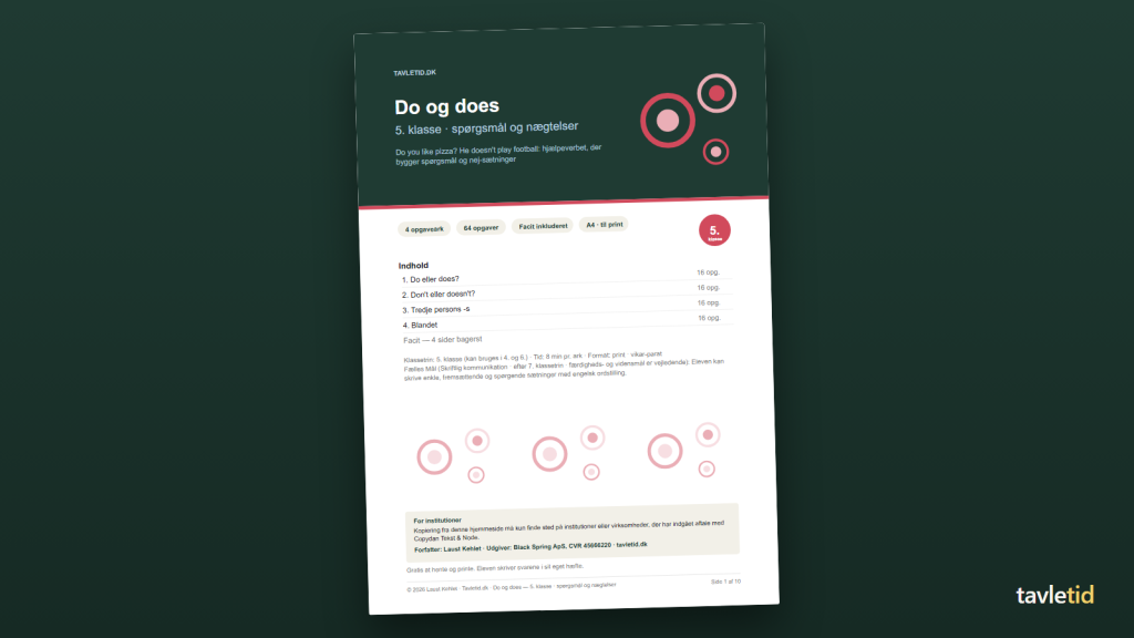 Do og does 5. klasse – spørgsmål og nægtelser – forsiden af hæftet (PDF, 10 sider)