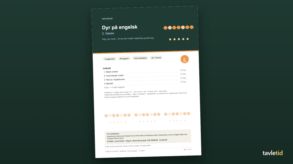 Dyr på engelsk 2. klasse – forsiden af hæftet (PDF, 10 sider)