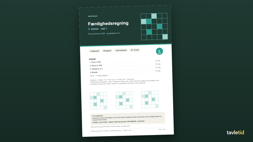 Færdighedsregning 3. klasse – sæt 1 – forsiden af hæftet (PDF, 10 sider)