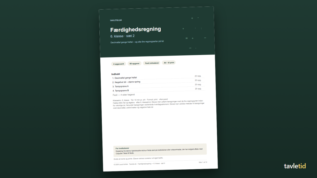 Færdighedsregning 6. klasse – sæt 2 – forsiden af hæftet (PDF, 10 sider)