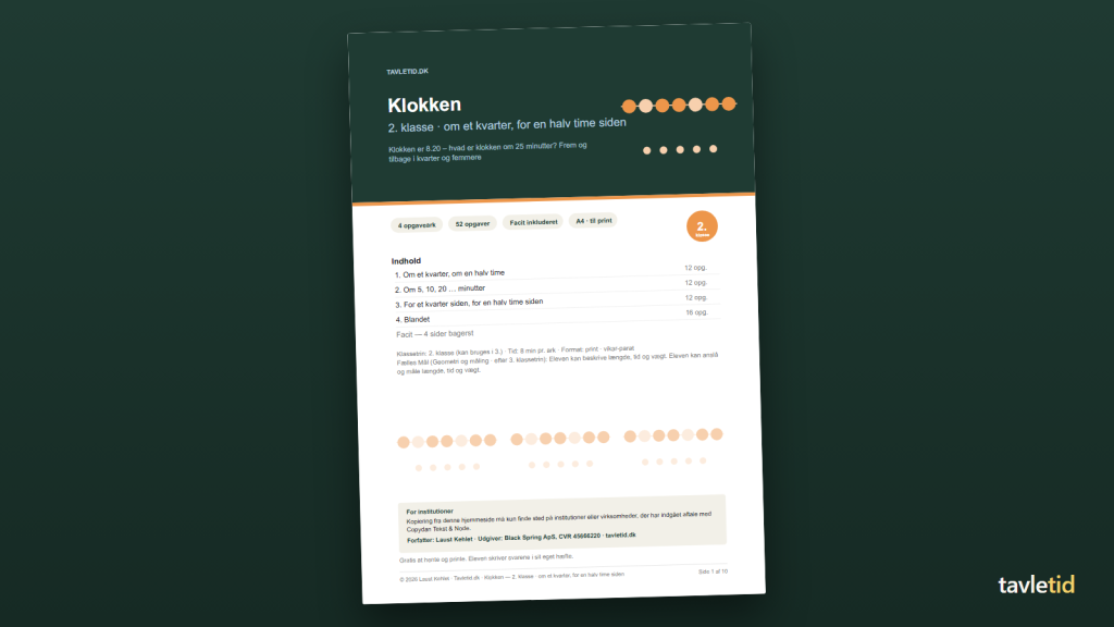 Klokken 2. klasse – om et kvarter og for en halv time siden – forsiden af hæftet (PDF, 10 sider)