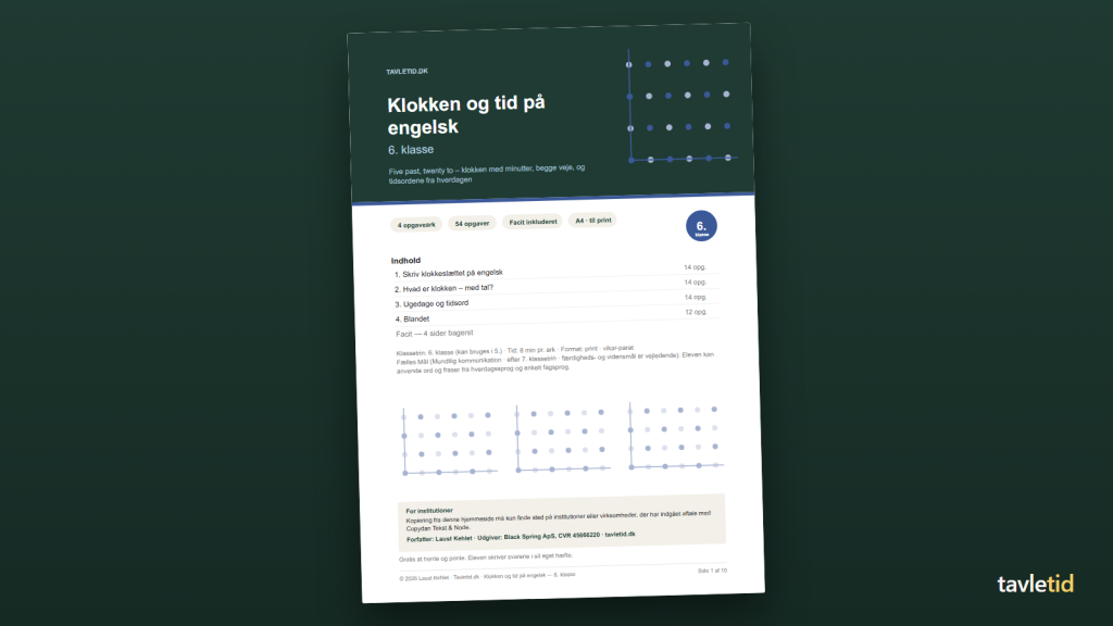 Klokken og tid på engelsk 6. klasse – forsiden af hæftet (PDF, 10 sider)