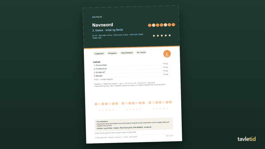 Navneord 2. klasse – ental og flertal – forsiden af hæftet (PDF, 10 sider)