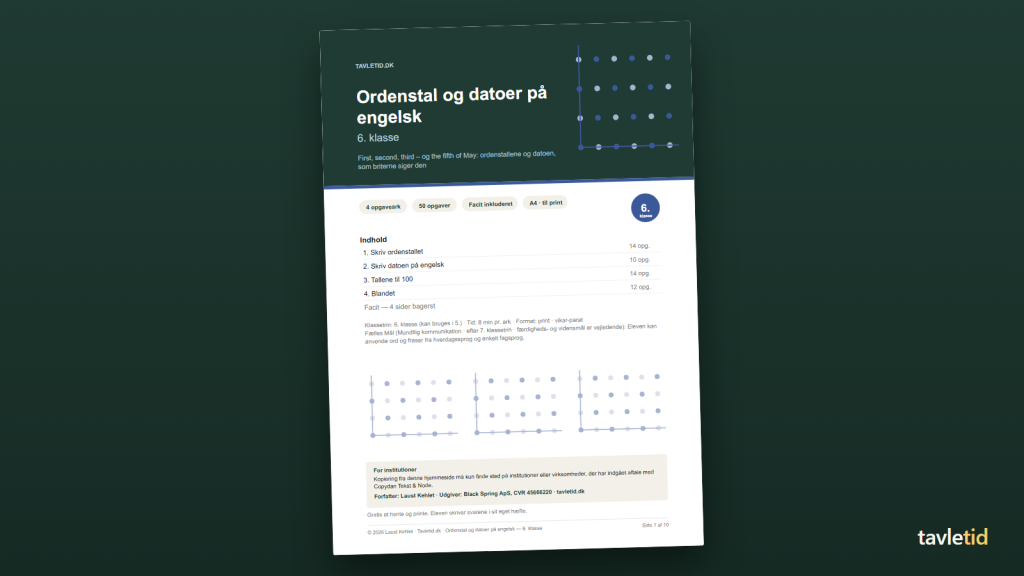 Ordenstal og datoer på engelsk 6. klasse – forsiden af hæftet (PDF, 10 sider)