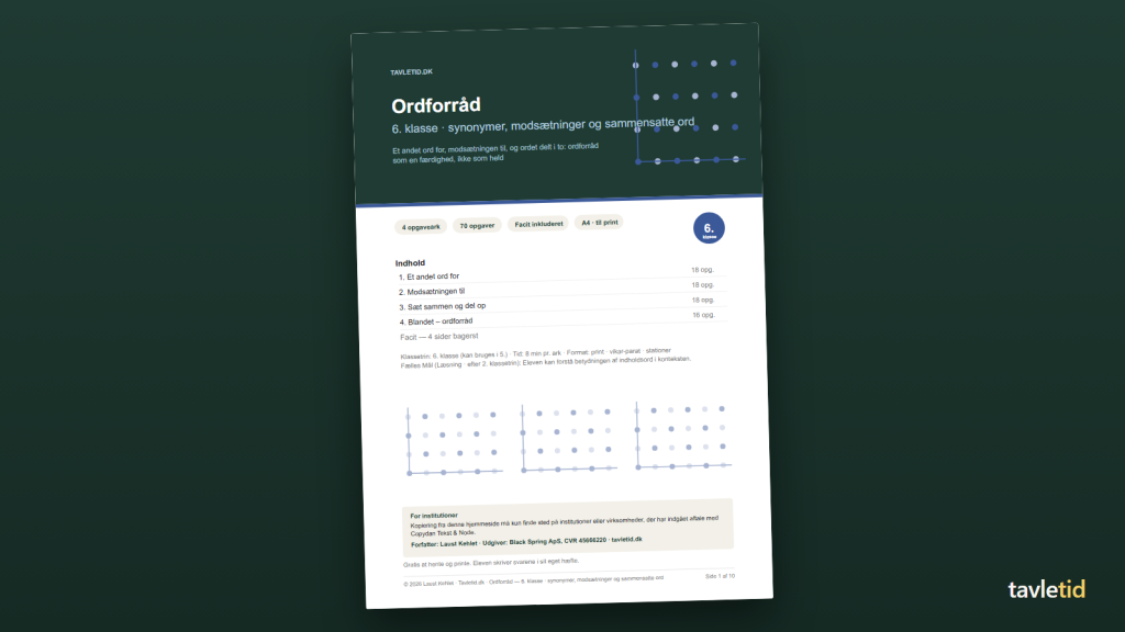 Ordforråd 6. klasse – synonymer, modsætninger og sammensatte ord – forsiden af hæftet (PDF, 10 sider)
