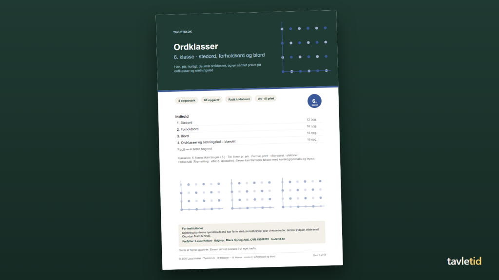 Ordklasser 6. klasse – stedord, forholdsord og biord – forsiden af hæftet (PDF, 10 sider)