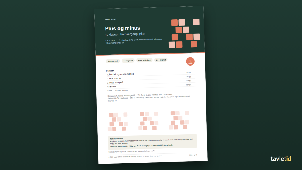 Plus og minus 1. klasse – tierovergang med plus – forsiden af hæftet (PDF, 10 sider)