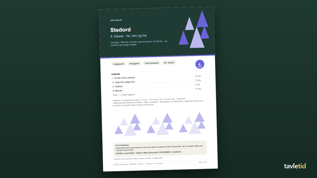 Stedord 4. klasse – he, him og his – forsiden af hæftet (PDF, 10 sider)