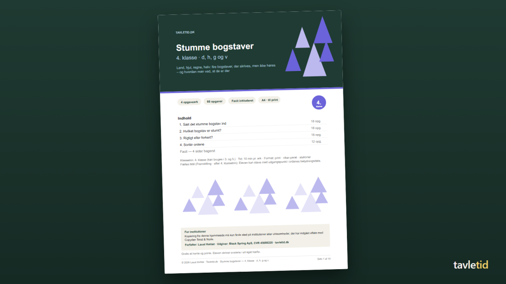 Stumme bogstaver 4. klasse – d, h, g og v – forsiden af hæftet (PDF, 10 sider)