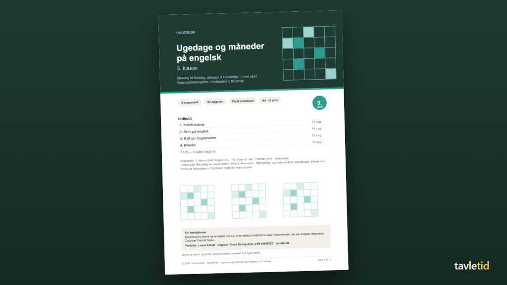 Ugedage og måneder på engelsk 3. klasse – forsiden af hæftet (PDF, 10 sider)