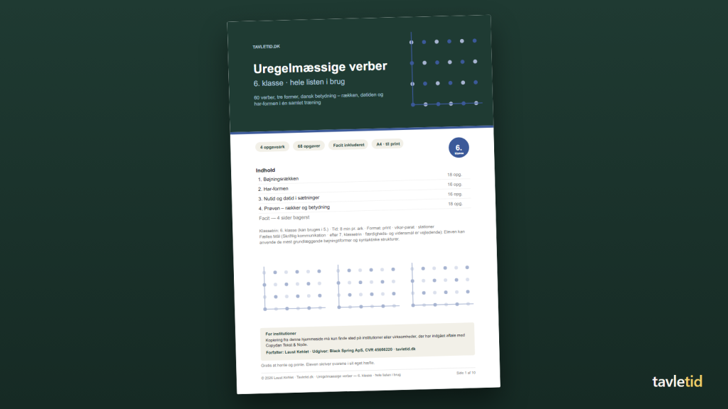 Uregelmæssige verber 6. klasse – hele listen i brug – forsiden af hæftet (PDF, 10 sider)