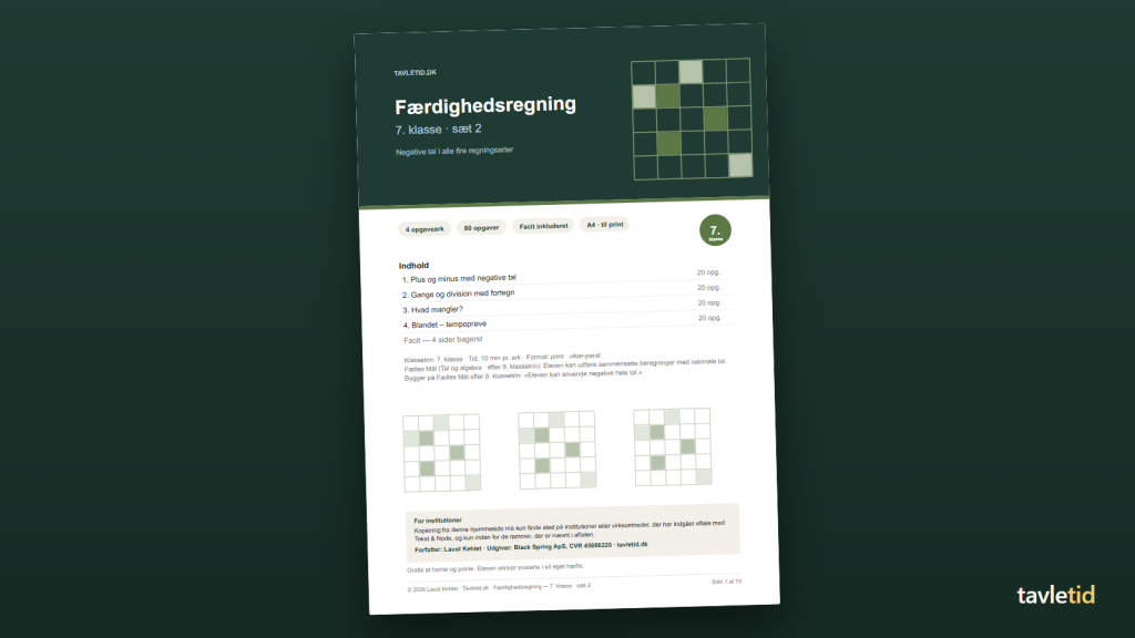 Færdighedsregning 7. klasse – sæt 2 – forsiden af hæftet (PDF, 10 sider)
