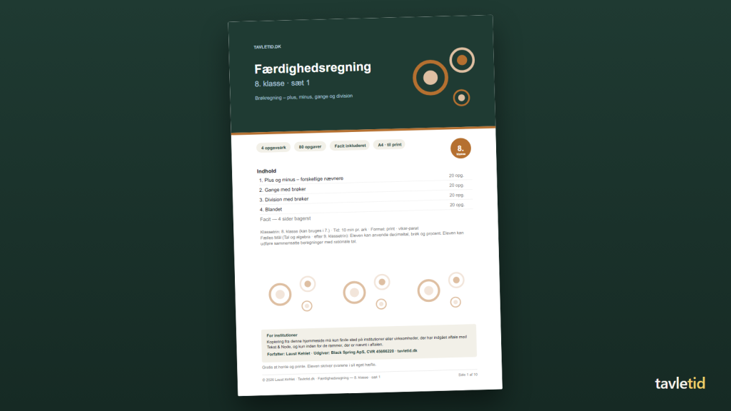 Færdighedsregning 8. klasse – sæt 1 – forsiden af hæftet (PDF, 10 sider)