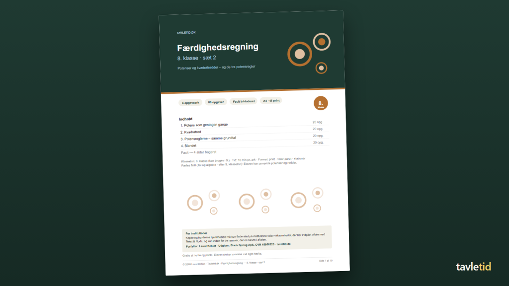 Færdighedsregning 8. klasse – sæt 2 – forsiden af hæftet (PDF, 10 sider)
