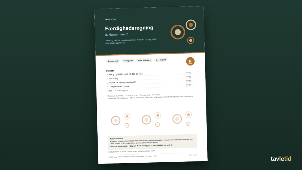 Færdighedsregning 8. klasse – sæt 3 – forsiden af hæftet (PDF, 10 sider)