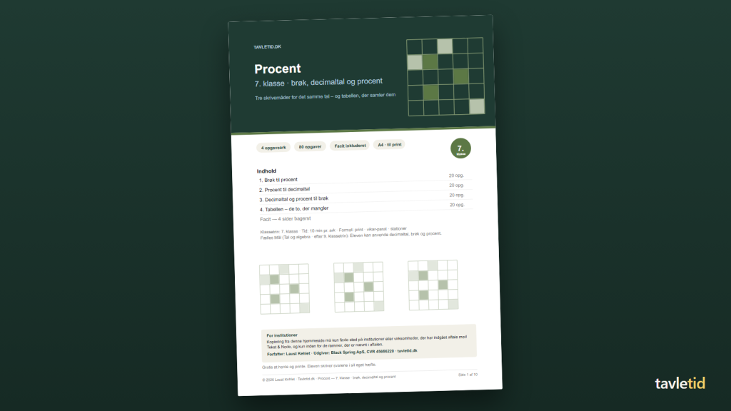 Procent 7. klasse – brøk, decimaltal og procent – forsiden af hæftet (PDF, 10 sider)