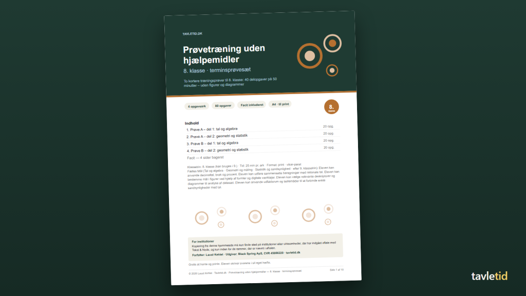 Prøvetræning uden hjælpemidler 8. klasse – terminsprøvesæt – forsiden af hæftet (PDF, 10 sider)