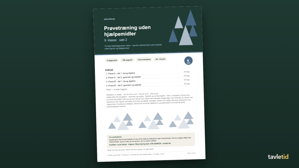 Prøvetræning uden hjælpemidler 9. klasse – sæt 2 – forsiden af hæftet (PDF, 10 sider)